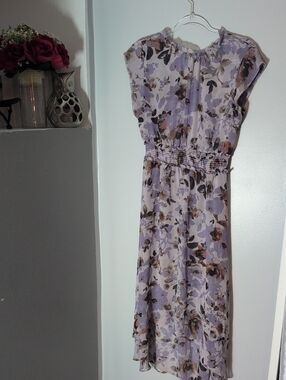 Floral Lilac Cap-Sleeve Smocked Waist Dress